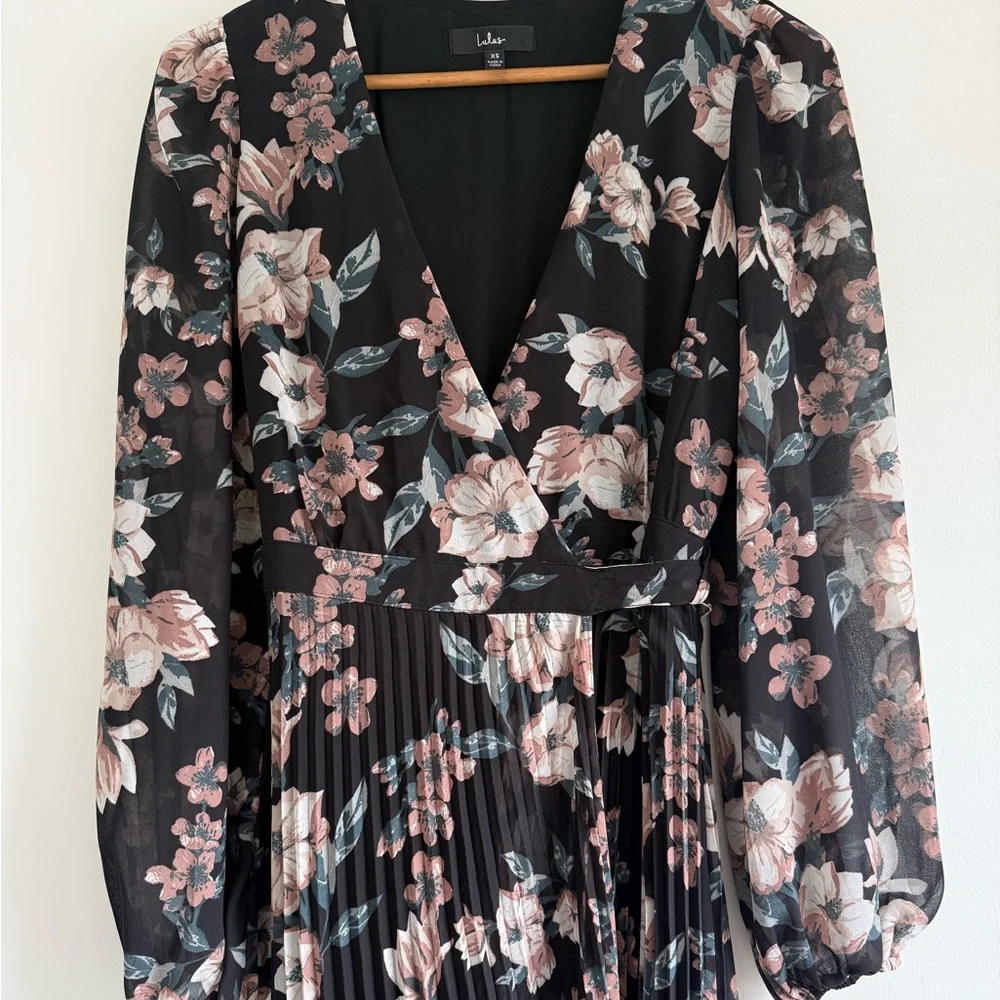 Lulu's Blooming Whimsy Black Floral Pleated Midi Wrap Dress - Picture 12 of 14